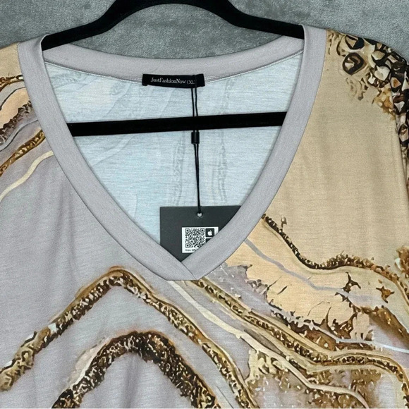 Just Fashion Now XL Shirt Top Brown Abstract Short Sleeve V Neck Knit Stretch - Picture 3 of 8